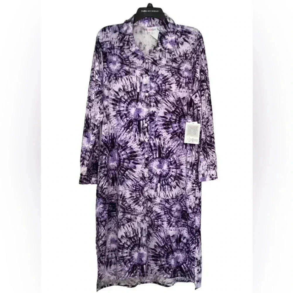 LULAROE Midi Shirt Dress Purple Tie Dye Starburst Midi Button Up V-Neck Shift M
